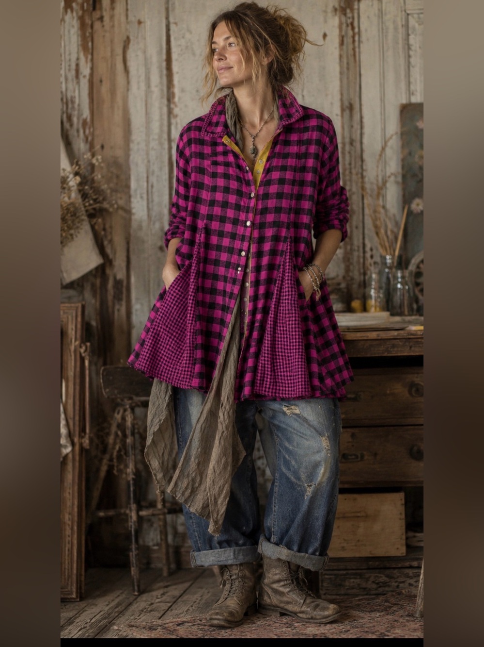 Eleven Stitch Design Buffalo Plaid Cotton Swing Tunic Shirt XL Made in USA